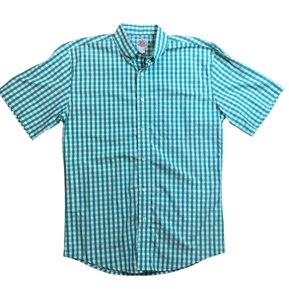 Gibson 100% Cotton‎ Plaid Button Down Short Sleeve Shirt Men's Size Large Teal